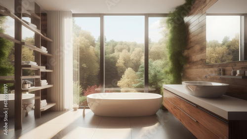 A cozy modern bathroom with a serene forest view, adorned with wood built-ins, creating a tranquil and nature-inspired ambiance. Photorealistic illustration, Generative AI © DIMENSIONS