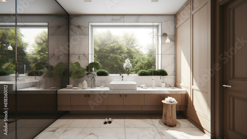 A home bathroom featuring a built-in cabinet with a sink  and an opulent interior adorned with a harmonious blend of marble  wood  and glass. Photorealistic illustration  Generative AI