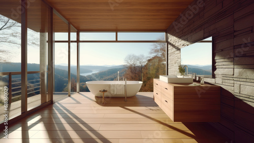 A picturesque mountaintop vacation home bathroom with views from surrounding windows, rustic charm from a stone wall, creating a cozy retreat. Photorealistic illustration, Generative AI