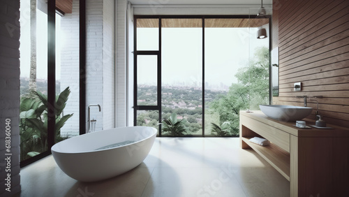 A hilltop house bathroom offering picturesque views of the town, adorned with a delightful combination of white brick and wood walls. Photorealistic illustration, Generative AI