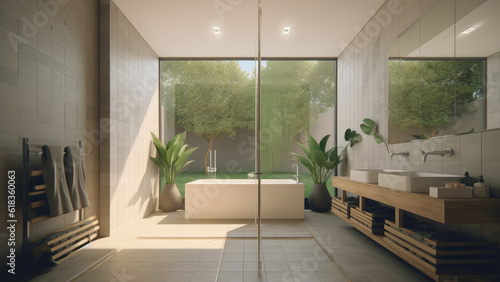 A home bathroom with a view of the backyard through a floor-to-ceiling window, creating a bright and refreshing bathing space. Photorealistic illustration, Generative AI © DIMENSIONS