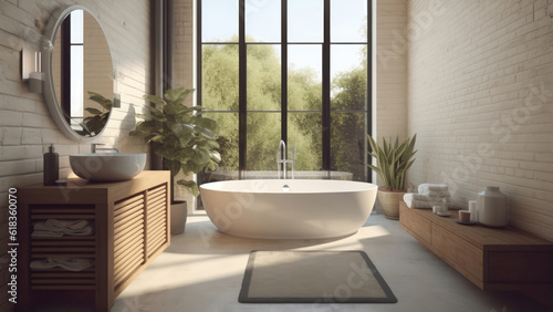 A small and cozy home bathroom featuring white brick walls, with a bathtub thoughtfully placed by the window, creating an inviting bathing space. Photorealistic illustration, Generative AI