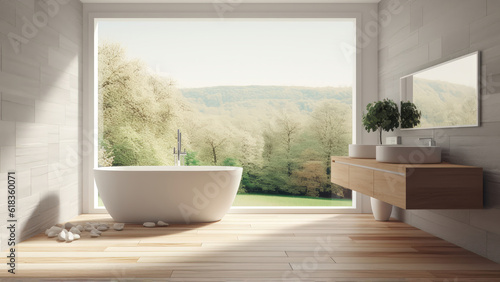 A cozy hilltop house bathroom with a floor-to-ceiling window offering a mountain view, enhanced with wood built-ins and flooring. Photorealistic illustration, Generative AI © DIMENSIONS