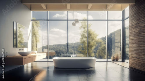 A bathroom boasting a mountain view, with a blend of white and brick walls that create a unique and inviting aesthetic. Photorealistic illustration, Generative AI © DIMENSIONS