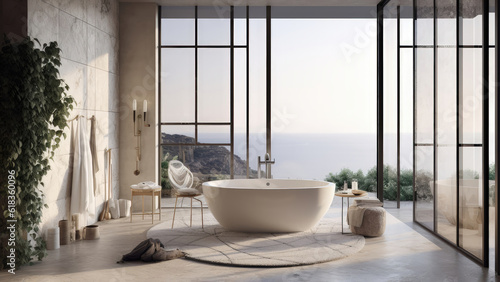 A summer retreat house bathroom offering breathtaking ocean views, with marble walls that create an atmosphere of relaxation and opulence. Photorealistic illustration, Generative AI © DIMENSIONS