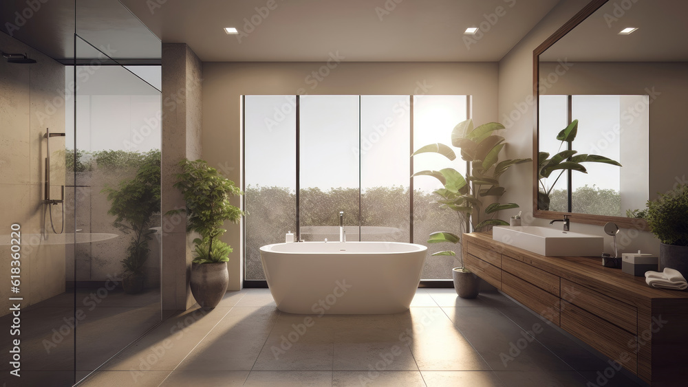A home bathroom featuring a modern shower booth with a glass partition, complemented by practical wood built-ins. Photorealistic illustration, Generative AI A home bathroom featuring a modern shower booth with a glass partition, complemented by practical wood built-ins. Photorealistic illustration, Generative AI
