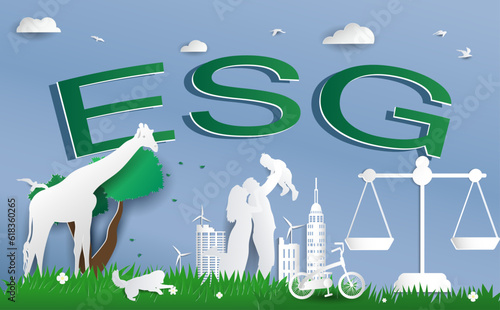 (ESG) environmental social governance  Vector illustration With environment Natural animal Family On the sky color background, concepts Clean sustainability Paper cut art out style.