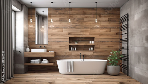 A sunlit home bathroom, where the sunlight enhances the ambience against the backdrop of concrete walls, complemented by the wood. Photorealistic illustration, Generative AI