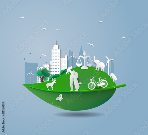 ESG Leaf Vector illustration landscape With City eco animal Person On the leaves Blue background, (ESG) environmental social governance and sustainable, clean energy Paper cut art out style concepts.