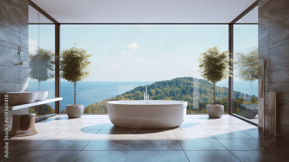 A hotel bathroom with an ocean view, adorned with a lavish all-marble interior. Photorealistic illustration, Generative AI A hotel bathroom with an ocean view, adorned with a lavish all-marble interior. Photorealistic illustration, Generative AI