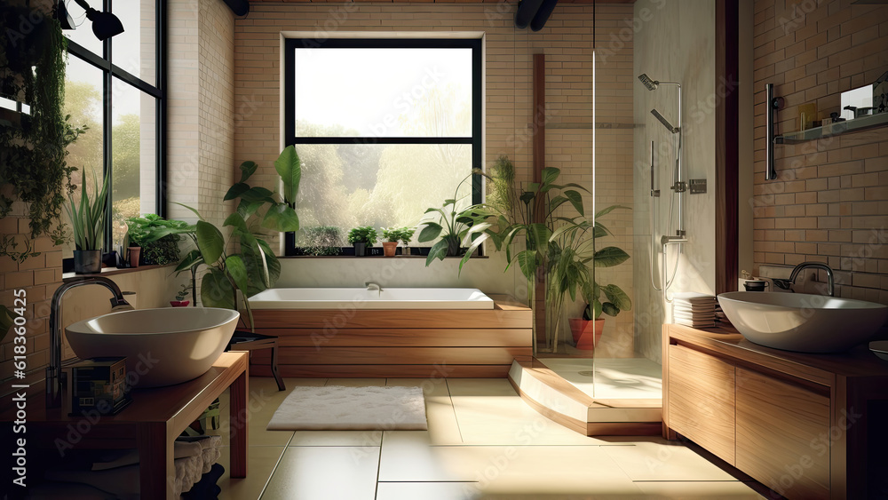 A home bathroom with rustic brick walls, complete with a bathtub and shower, and convenient wood built-ins. Photorealistic illustration, Generative AI A home bathroom with rustic brick walls, complete with a bathtub and shower, and convenient wood built-ins. Photorealistic illustration, Generative AI