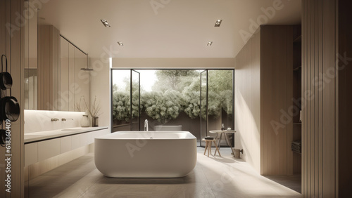 A home bathroom seamlessly connected to the outdoors  featuring a serene white and wood interior design with a large bathtub. Photorealistic illustration  Generative AI