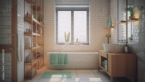 A small and cozy home bathroom with white tiled walls and warm wood furniture  creating a charming and inviting atmosphere. Photorealistic illustration  Generative AI