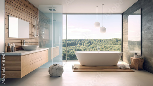 A sunlit home bathroom boasting both a refreshing shower and a bathtub placed by the window, adorned with wood wall accents and built-ins. Photorealistic illustration, Generative AI