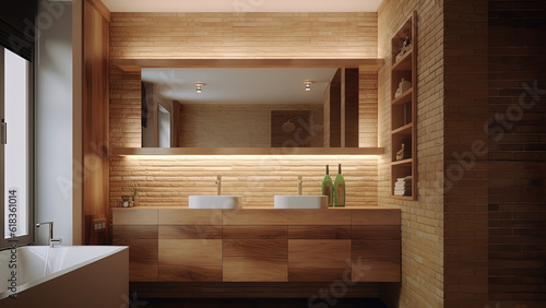 A charming home bathroom for two  adorned with light brown tones  rustic brick walls  and complemented by cozy wood built-ins. Photorealistic illustration  Generative AI