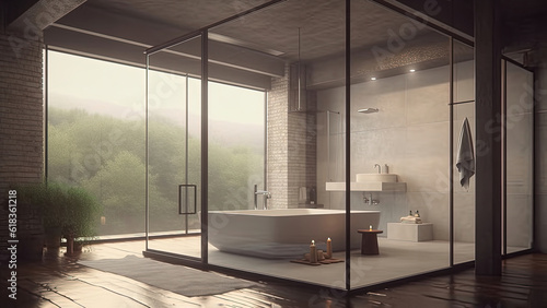 A tranquil home bathroom offering a serene ambiance  enhanced by a forest view  featuring a spacious layout with a central bathtub. Photorealistic illustration  Generative AI