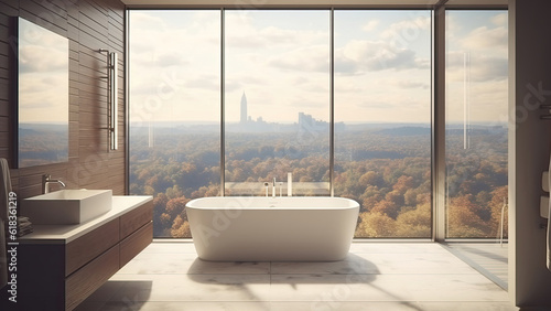 A bathroom offering a panoramic view, adorned with a cozy and inviting wood interior and built-in elements. Photorealistic illustration, Generative AI © DIMENSIONS
