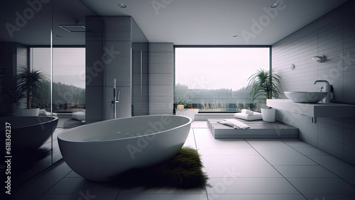 A home bathroom featuring a minimalist white interior  with a bathtub filled with water  creating a serene and clean atmosphere. Photorealistic illustration  Generative AI