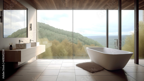 Asummer vacation house bathroom exuding simplicity and coziness  with a warm wood ceiling and off-white stone floor. Photorealistic illustration  Generative AI