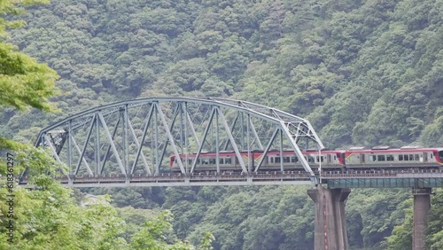 
Tokushima, Japan - June 26, 2023:  A train passing a bridge over Oboke gorge in Tokushima, Japan
 photo