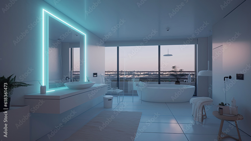A cinematic scene unfolding in a dark bathroom with a town view, where an all-white interior is heightened by the gentle blue illumination. Photorealistic illustration, Generative AI A cinematic scene unfolding in a dark bathroom with a town view, where an all-white interior is heightened by the gentle blue illumination. Photorealistic illustration, Generative AI