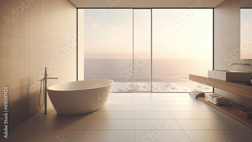 An oceanfront house bathroom characterized by a floor-to-ceiling window that showcases the mesmerizing view  against off-white stone walls. Photorealistic illustration  Generative AI