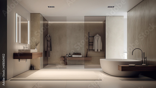 A well-lit bathroom with an urban-industrial charm  showcasing a concrete interior enhanced by glass partitions and dark wood built-ins. Photorealistic illustration  Generative AI