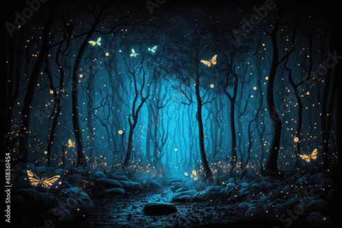 Flittering fireflies flying in the night Fantasy enchanted forest. Fairy tale concept.