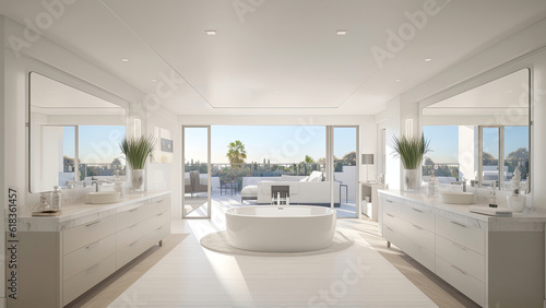 A luxurious house bathroom featuring a balcony, adorned with an opulent all-white interior centered around a bathtub. Photorealistic illustration, Generative AI © DIMENSIONS