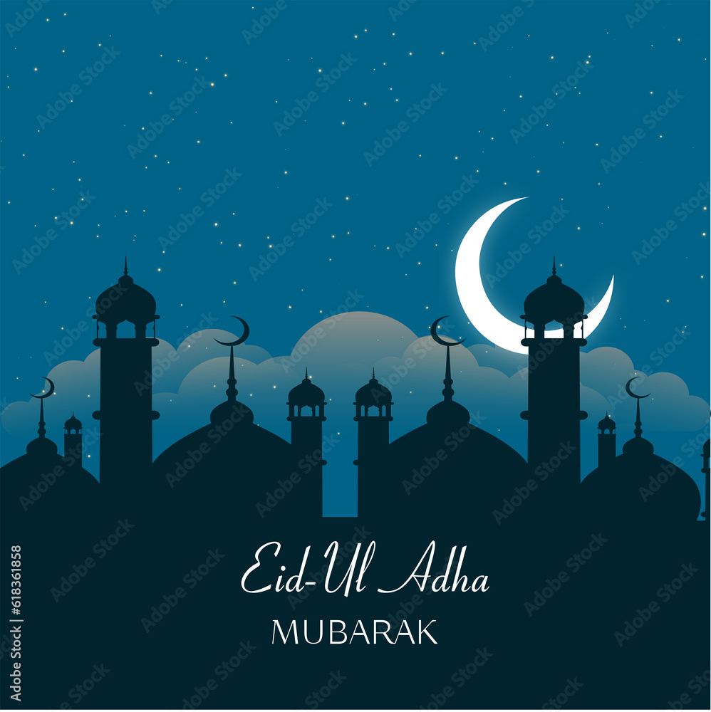 Eid al adha mubarak background design with crescent moon and mosque premium vector