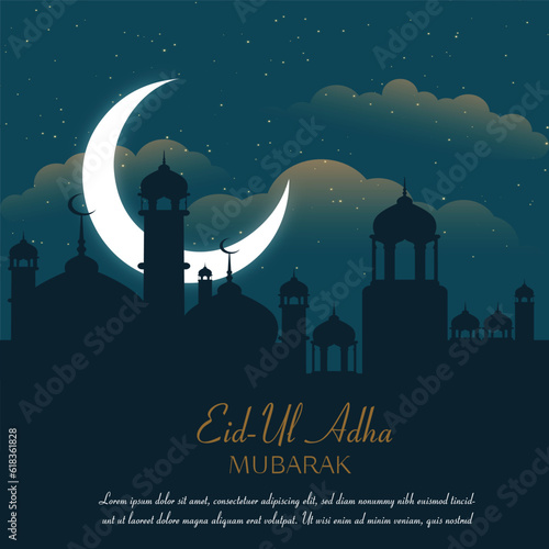 Eid al adha mubarak background design with crescent moon and mosque premium vector