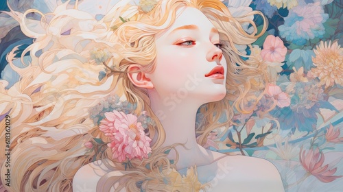 This illustration portrays a beautiful woman adorned with an array of flowers. The artwork captures her grace and elegance, with the delicate blooms complementing her features. AI-Generated © neosiam