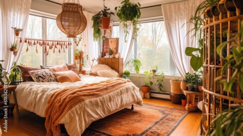 Bedroom decor, home interior design . Bohemian Mid-century style with Gallery Wall decorated with Rattan and Velvet material . Generative AI AIG26. photo