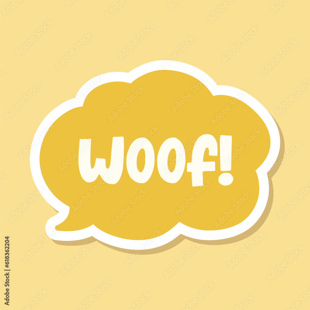 Woof text in a speech bubble balloon digital sticker design. Cute cartoon comics dog bark sound effect and lettering. Textured vector illustration. Woof text in a speech bubble balloon digital sticker design. Cute cartoon comics dog bark sound effect and lettering. Textured vector illustration.