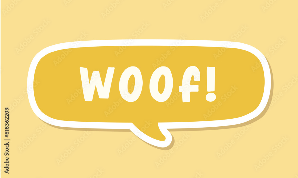 Woof text in a speech bubble balloon digital sticker design. Cute cartoon comics dog bark sound effect and lettering. Textured vector illustration. Woof text in a speech bubble balloon digital sticker design. Cute cartoon comics dog bark sound effect and lettering. Textured vector illustration.