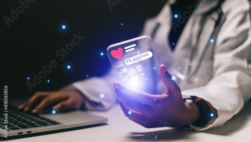 Female doctor using smartphone with medical app on screen. Healthcare concept.