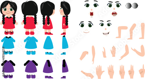 Design for a girl figure wearing a red dress, with long hair, animation, illustrator children's book