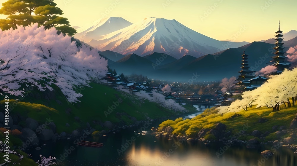 Cherry blossom trees with lake and sunrise in the mountains, generative Ai art