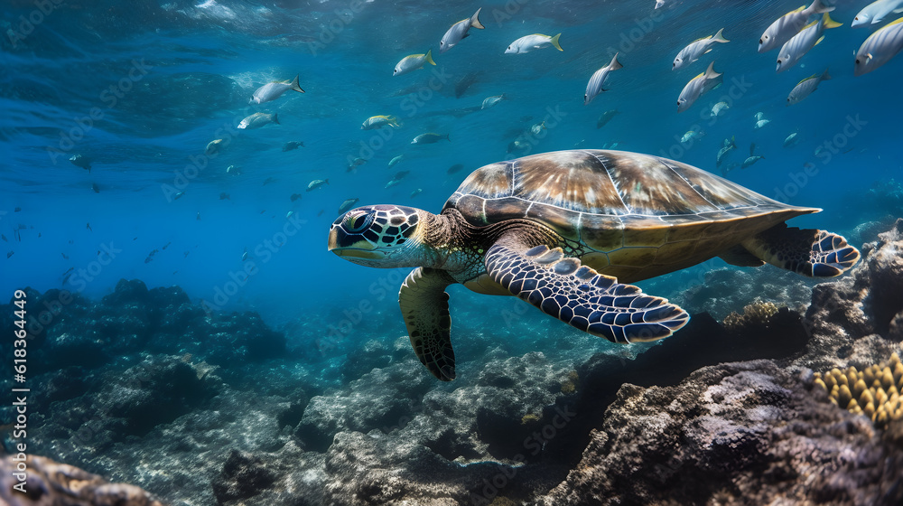 green sea turtle swimming with school fish under the sea created with Generative AI 
