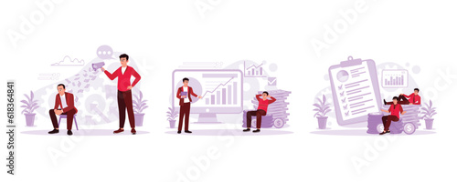 The boss shouted at the employee over the loudspeaker. The man is sitting on a pile of money, and a man is standing with a tablet. Two millionaires are sitting on piles of money. Trend Modern vector
