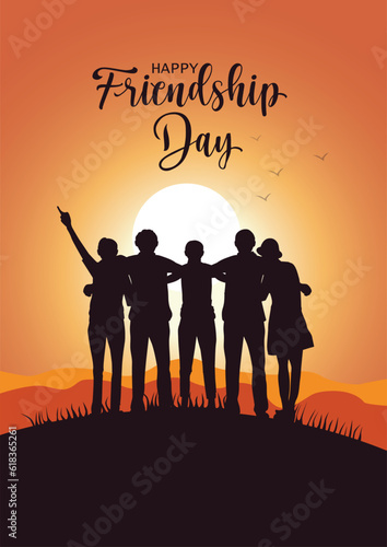 friedshipHappy international friendship day greeting card, back view of friends group. abstract vector illustration design