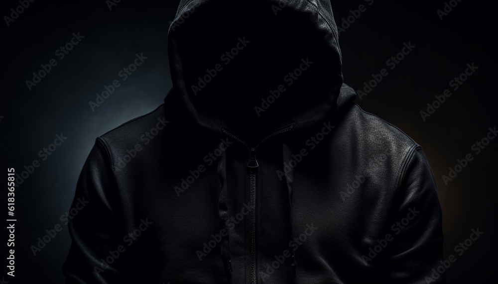 Hooded thief in black jacket wields weapon generated by AI Hooded thief in black jacket wields weapon generated by AI
