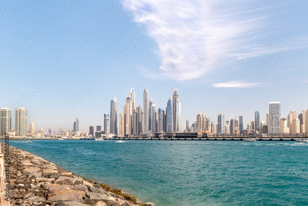Naklejka premium View from the window of the tourist bus to the architecture on Palm Jumeirah island in Dubai city, United Arab Emirates