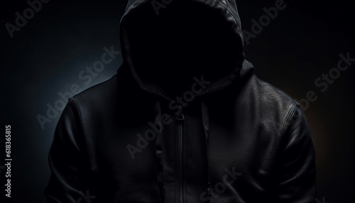Hooded thief in black jacket wields weapon generated by AI