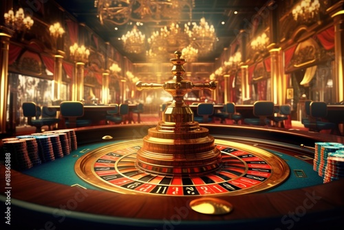 Casino setting with a golden wheel of fortune, glimmering lights and a bustling atmosphere