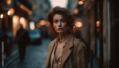 Young woman exudes confidence in fashionable jacket generated by AI