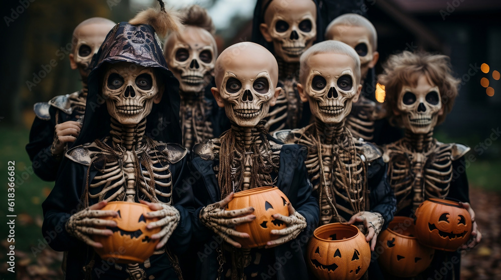 A group of children dressed as skeletons, with bags full of candy they were given for Halloween.
