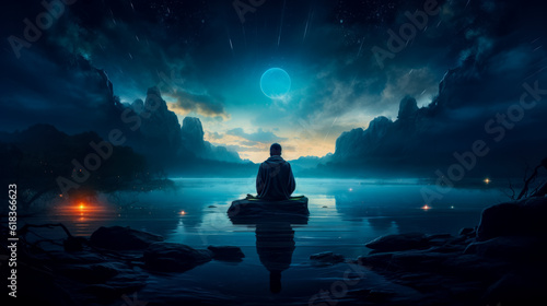 Mountains and lake landscape with a person meditating at night. Panorama of the mountains in the fog. Meditation wall paper background