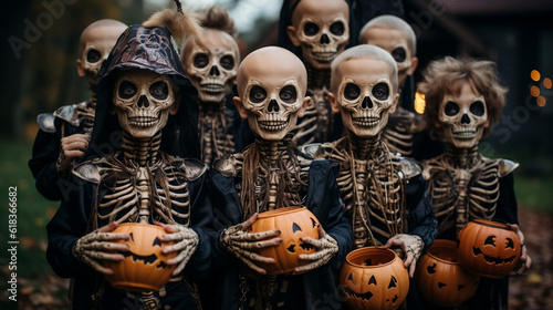 A group of children dressed as skeletons  with bags full of candy they were given for Halloween.
