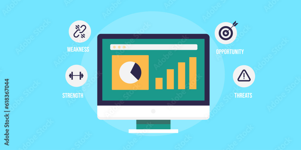 Chat and graph, diagram on computer screen indicating SWOT analysis program for business, company management strategy, vector illustration web banner. Chat and graph, diagram on computer screen indicating SWOT analysis program for business, company management strategy, vector illustration web banner.